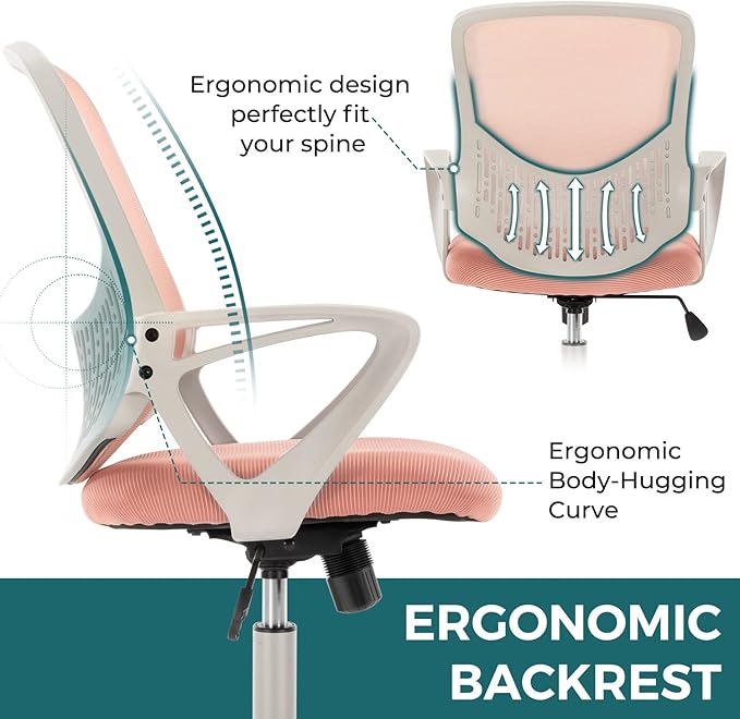 Home Office Desk Chair Ergonomic Computer Chair Modern Height Adjustable Swivel Chair Mesh Chair with Fixed Armrests/Lumbar Support, Pink