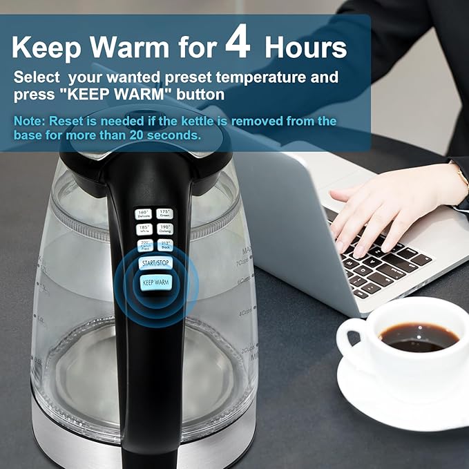 Electric Kettle Temperature Control - Keep Warm Hot Water Boiler, Double Wall Tea kettle for Boiling Water 6 Presets 1500W 4 Hours 1.7L LED Auto Shut Off Cordless