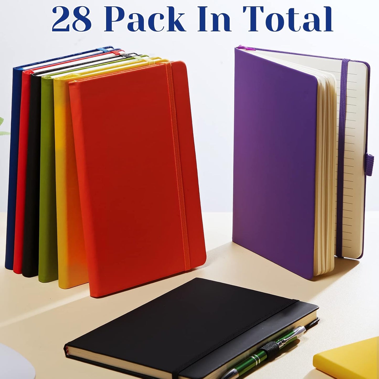 28 Pack Lined Notebook Journal Bulk A5 Hardcover Notebook PU Leather College Ruled Notepad 5.5 x 8.2 Inch Ruled Lined Journal Set With Pen Holder for School Business Work Travel Writing