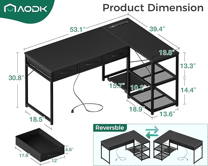 53 Inch L Shaped Computer Desk with Drawers, Corner Desk with Power Outlets & Reversible Storage Shelves, Movable CPU Stand for Home Office Gaming