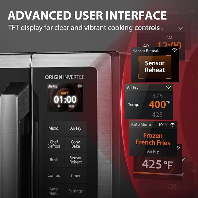 Combo Countertop Microwave Oven, with 2.4-Inch Color Screen, Origin Inverter Technology, Smart Sensor, Compatible with Alexa, 1100W, Air Fryer, 1.3 Cu.Ft, Silver