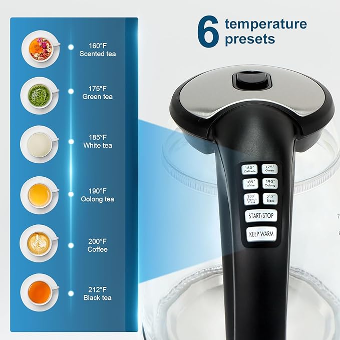Electric Kettle Temperature Control - Keep Warm Hot Water Boiler, Double Wall Tea kettle for Boiling Water 6 Presets 1500W 4 Hours 1.7L LED Auto Shut Off Cordless