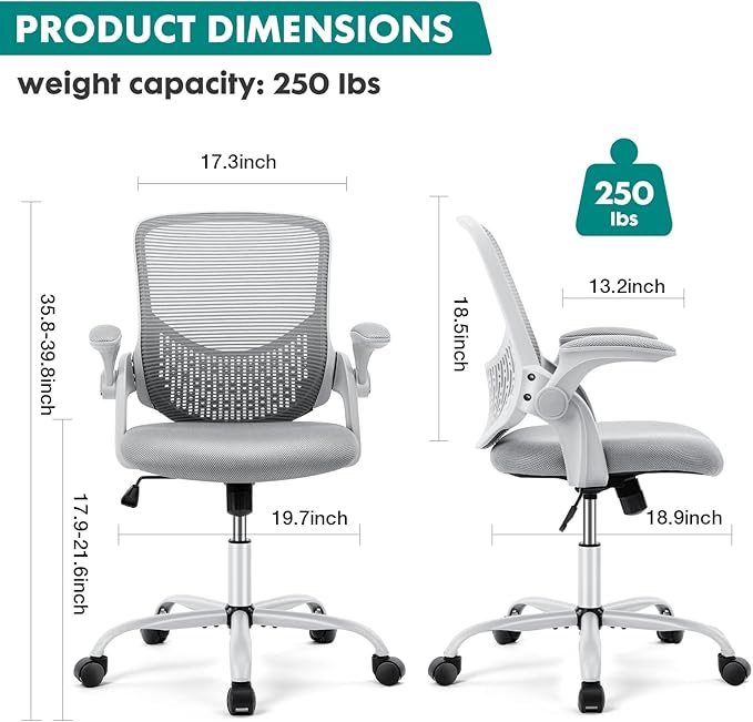 Office Chair - Desk Chair with Wheels, Ergonomic Home Office Chair with Flip-up Arms & Lumbar Support, Mesh Swivel Rolling Height Adjustable, Tilt & Lock, Computer Desk Chair, Grey