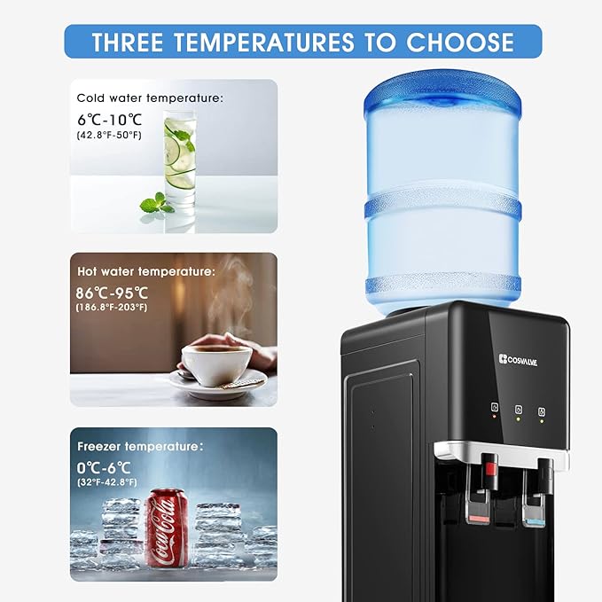 Water Cooler Dispenser, 5 Gallon Top Loading Hot/Cold Water Cooler, Compression Refrigeration w/Freezer Cabinet, Child Safety Lock for Home Office, Apartment, Dorm