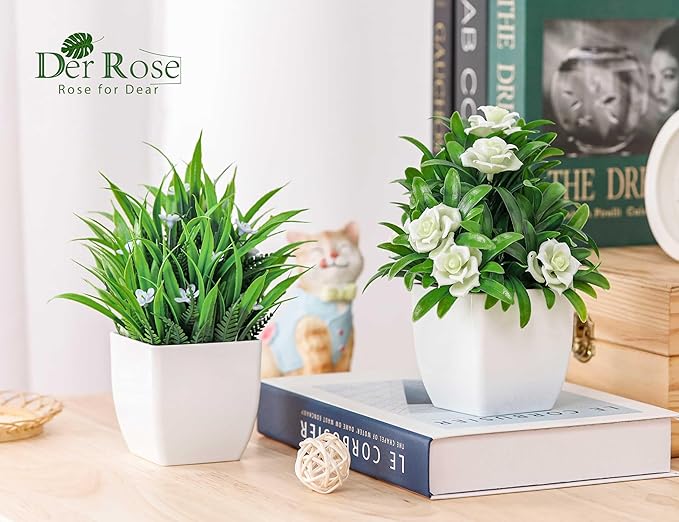 4 Pack Fake Plants Small Artificial Potted Faux Plants with Flowers for Home Bathroom Living Room Office Decor Indoor