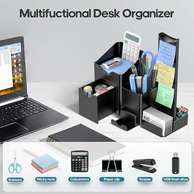 Pen Organizer with Headphone Holder - Pencil Holder for Desk with Drawer and Card Holder - Multi-Functional Desk Organizer Set for Home Office Accessories Art Supplies