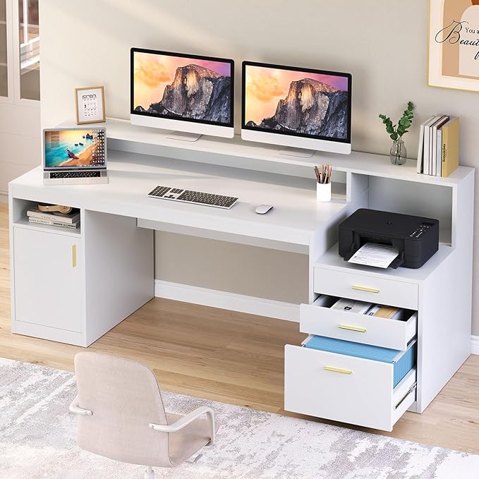 Computer Desk with 3 Drawer & Storage Shelves, Home Office Desk with File Drawer & Cabinet, Writing Study Table with Long Monitor Stand & Printer Shelf, Executive Desk