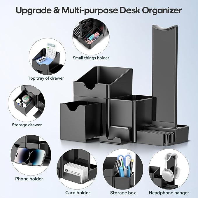 Pen Organizer with Headphone Holder - Pencil Holder for Desk with Drawer and Card Holder - Multi-Functional Desk Organizer Set for Home Office Accessories Art Supplies