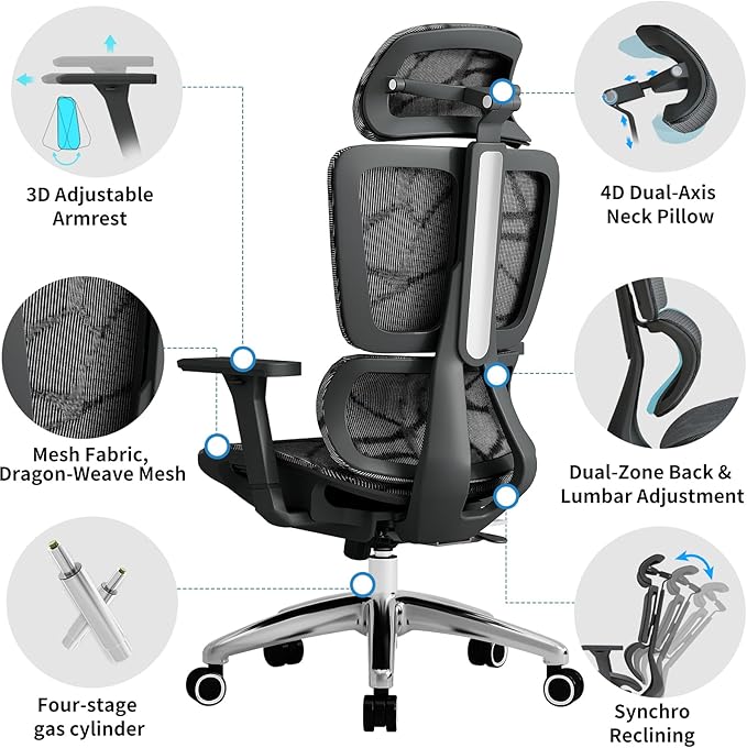 Basic Ergonomic Mesh Office Chair with Lumbar Support, High Back Computer Chair with 4D Headrest & 3D Armrests, Big and Tall Desk Chair Supports 440 lbs(Black)