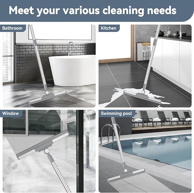 Floor Squeegee with 180° Rotating Head, Squeegee for Floor with 52'' Long Handle, Squeegee Broom, Squeegee for Window Cleaning, Bathroom Tile, Garage Concrete, Deck, Shower Glass