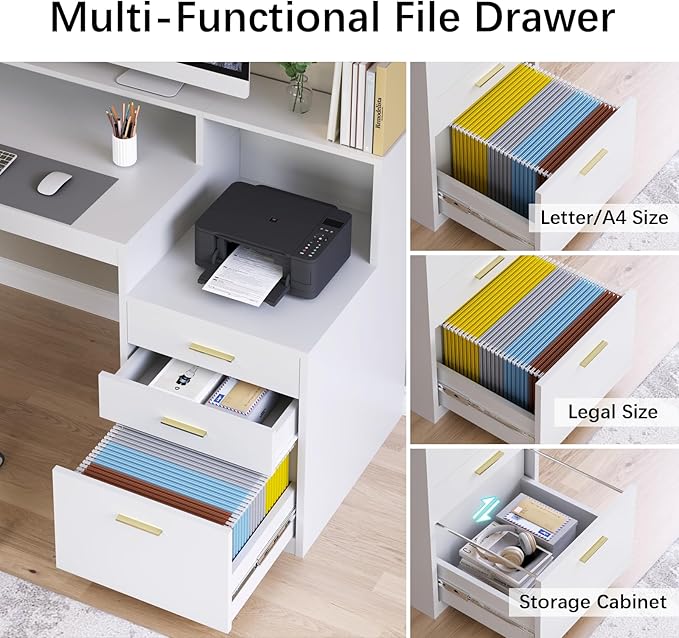 Computer Desk with 3 Drawer & Storage Shelves, Home Office Desk with File Drawer & Cabinet, Writing Study Table with Long Monitor Stand & Printer Shelf, Executive Desk