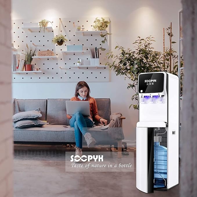 Self-Cleaning Water Dispenser Cooler Bottom Loading for 5 Gallon Bottle 3 Temperatures Setting Nightlight Child Safety Lock White