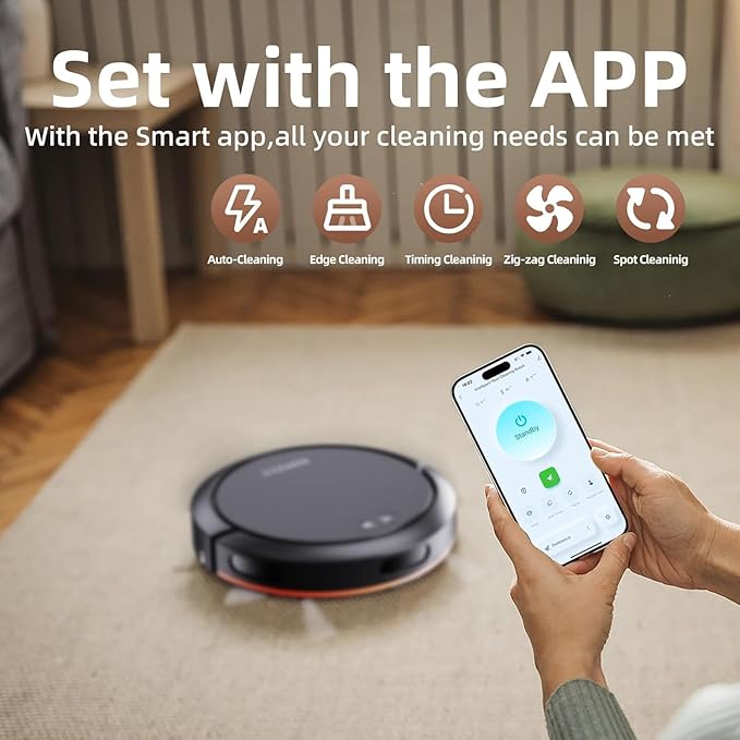 Robot Vacuum Cleaner with Mop, 4000Pa Robotic Vacuum with Self-Charging, App Control, Adjustable Suction Power Robotic Vacuum for Hard Floor, Pet Hair and Low-Piled Carpet
