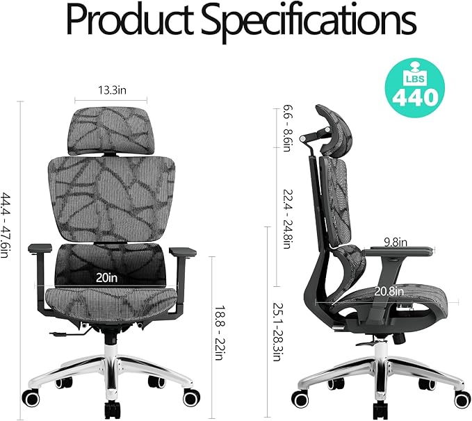 Basic Ergonomic Mesh Office Chair with Lumbar Support, High Back Computer Chair with 4D Headrest & 3D Armrests, Big and Tall Desk Chair Supports 440 lbs(Black)