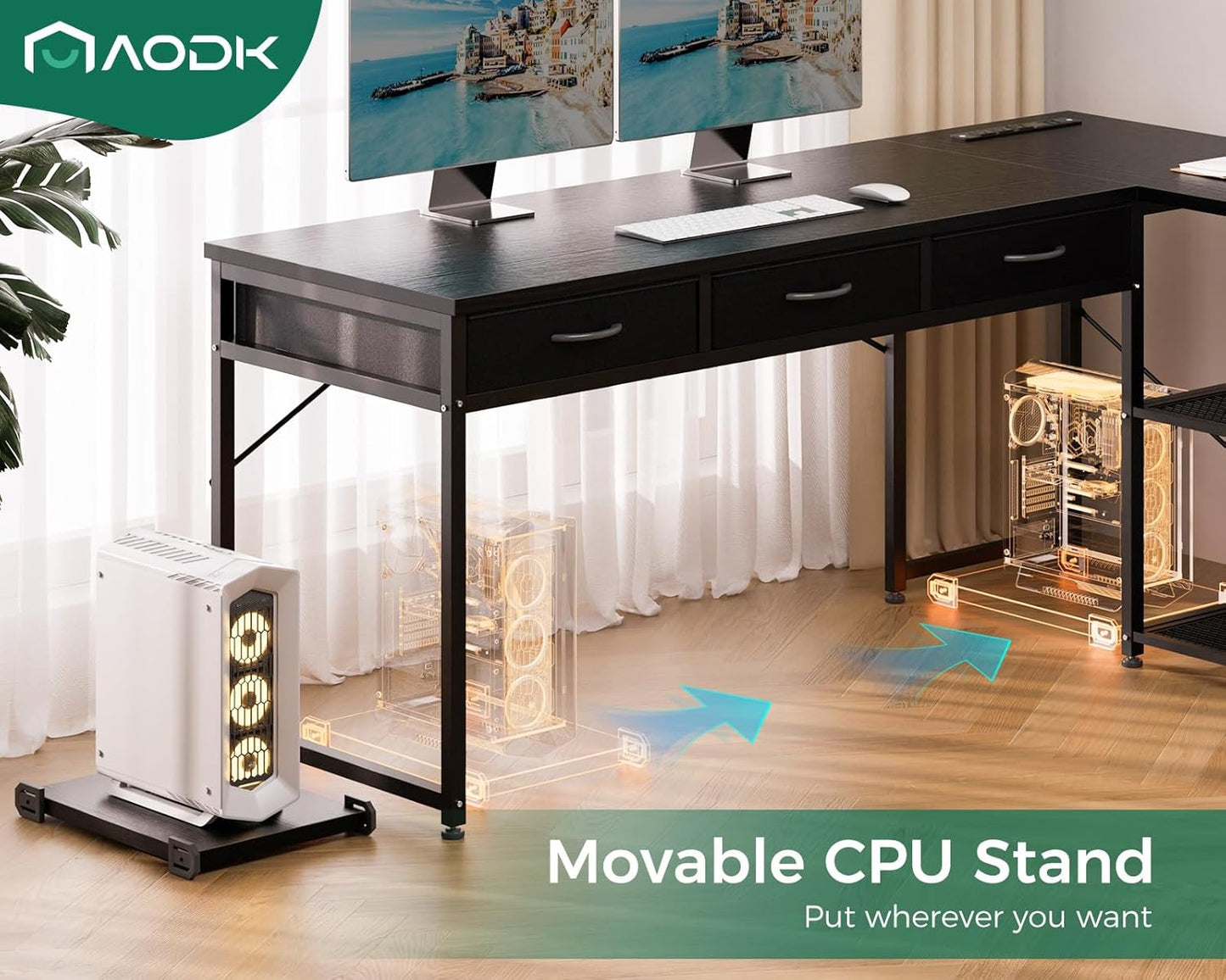 53 Inch L Shaped Computer Desk with Drawers, Corner Desk with Power Outlets & Reversible Storage Shelves, Movable CPU Stand for Home Office Gaming