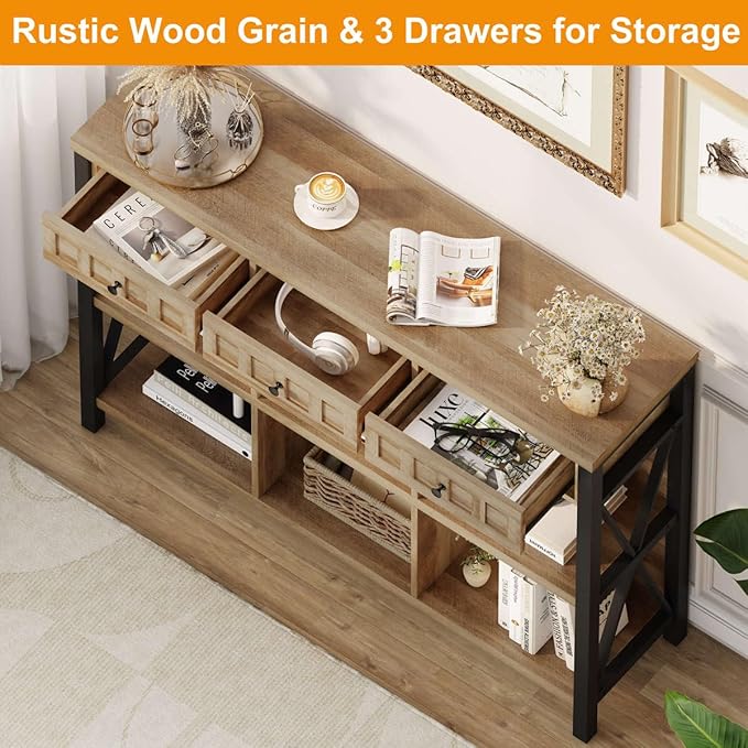 Rustic 6 Cube Storage Organizer Bookshelf with 3 Drawers, Short Low Horizontal Bookshelf for Living Room, Industrial Wood and Metal Cubby Bookcase for Home Office