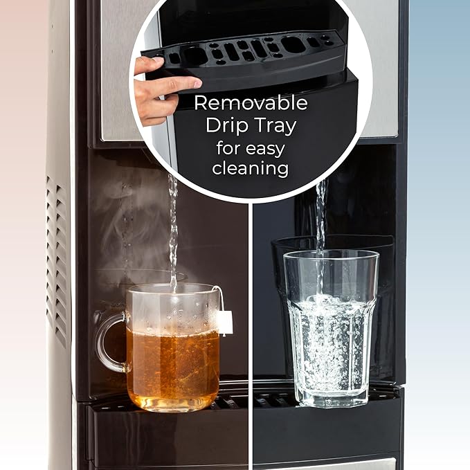 Stainless Steel Hot, Cold & Room Water Cooler Dispenser, Holds 3 & 5 Gallon Bottles, 3 Temperature Spouts, No Lift Bottom Loading, Child Safety Lock, Black/Stainless