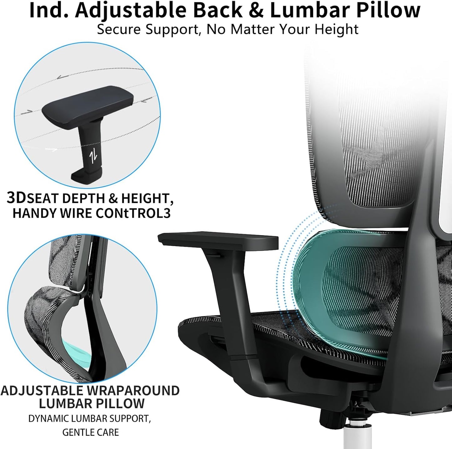 Basic Ergonomic Mesh Office Chair with Lumbar Support, High Back Computer Chair with 4D Headrest & 3D Armrests, Big and Tall Desk Chair Supports 440 lbs(Black)
