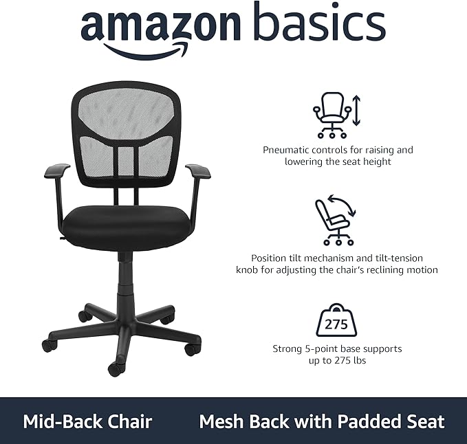 Mesh Mid-Back Adjustable-Height 360-Degree Swivel Office Desk Chair with Armrests, Lumbar Support and Easy to Assemble, Black