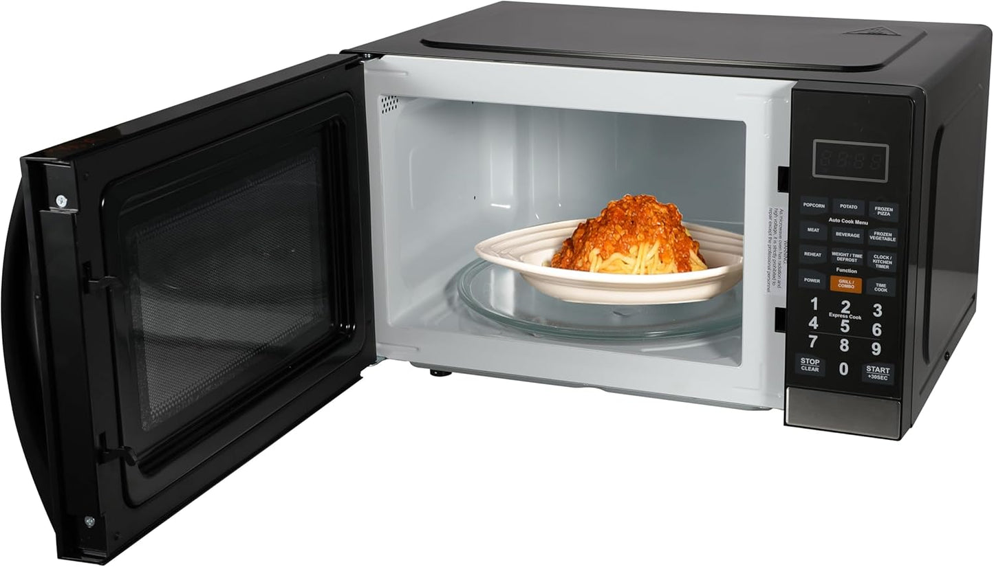 Countertop Microwave Oven with 1100W Grill Function, Sleek Mirrored Finish 10 Power Levels, 6 Auto Menus, Glass Turntable and Child Safe Lock, 1.1 Cu. Ft, Stainless Steel