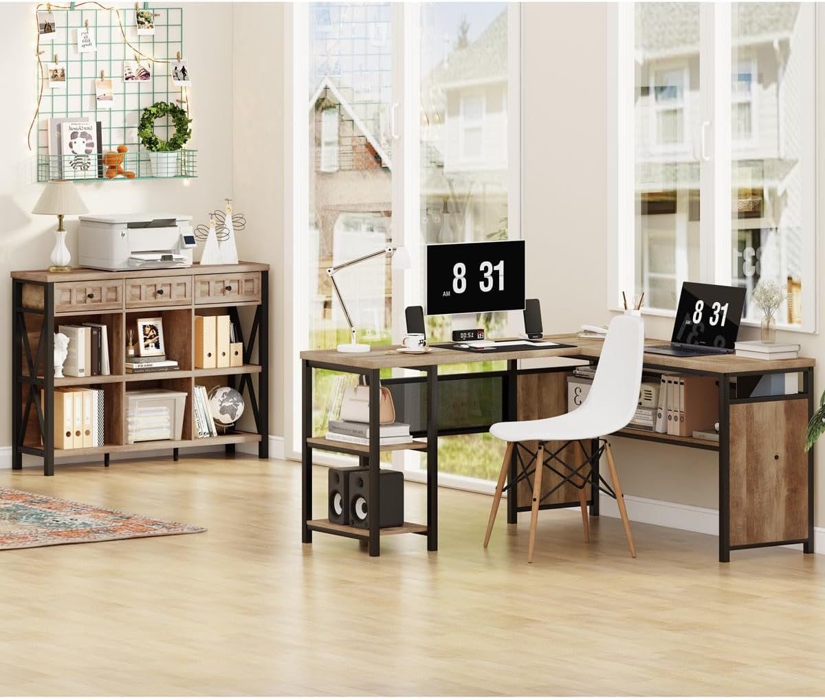 Rustic 6 Cube Storage Organizer Bookshelf with 3 Drawers, Short Low Horizontal Bookshelf for Living Room, Industrial Wood and Metal Cubby Bookcase for Home Office