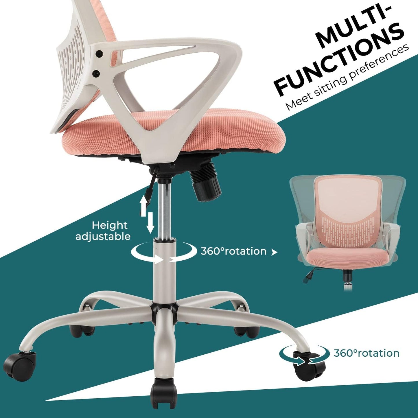 Home Office Desk Chair Ergonomic Computer Chair Modern Height Adjustable Swivel Chair Mesh Chair with Fixed Armrests/Lumbar Support, Pink