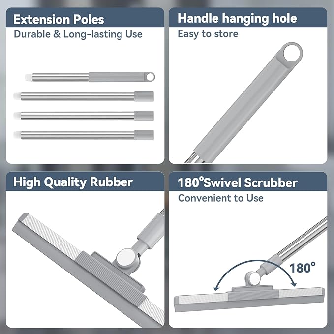Floor Squeegee with 180° Rotating Head, Squeegee for Floor with 52'' Long Handle, Squeegee Broom, Squeegee for Window Cleaning, Bathroom Tile, Garage Concrete, Deck, Shower Glass