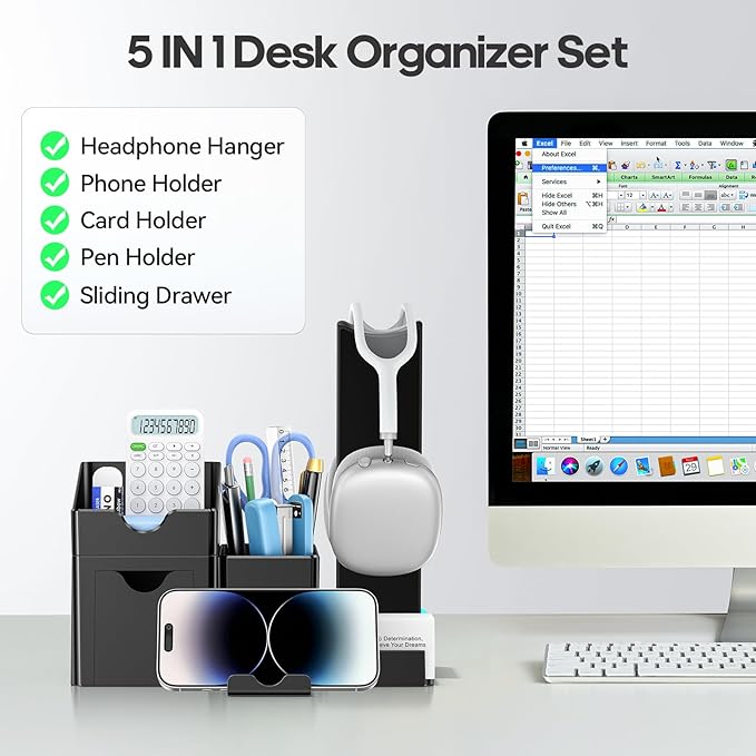 Pen Organizer with Headphone Holder - Pencil Holder for Desk with Drawer and Card Holder - Multi-Functional Desk Organizer Set for Home Office Accessories Art Supplies