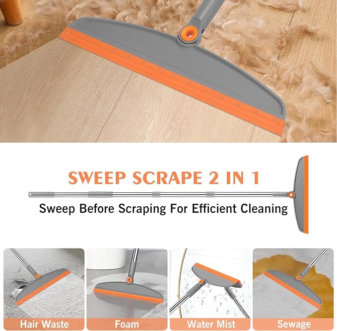 Multifunction Magic Broom, 54 Inch Adjustable Long Handle Silicone Floor Squeegee Broom, Sweep and Scrape 2 In 1 Household Cleaning Brooms for Floor, Bathrooms, Kitchens, Showers, Tile, Pet Hair,Glass