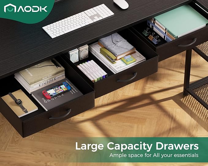 53 Inch L Shaped Computer Desk with Drawers, Corner Desk with Power Outlets & Reversible Storage Shelves, Movable CPU Stand for Home Office Gaming