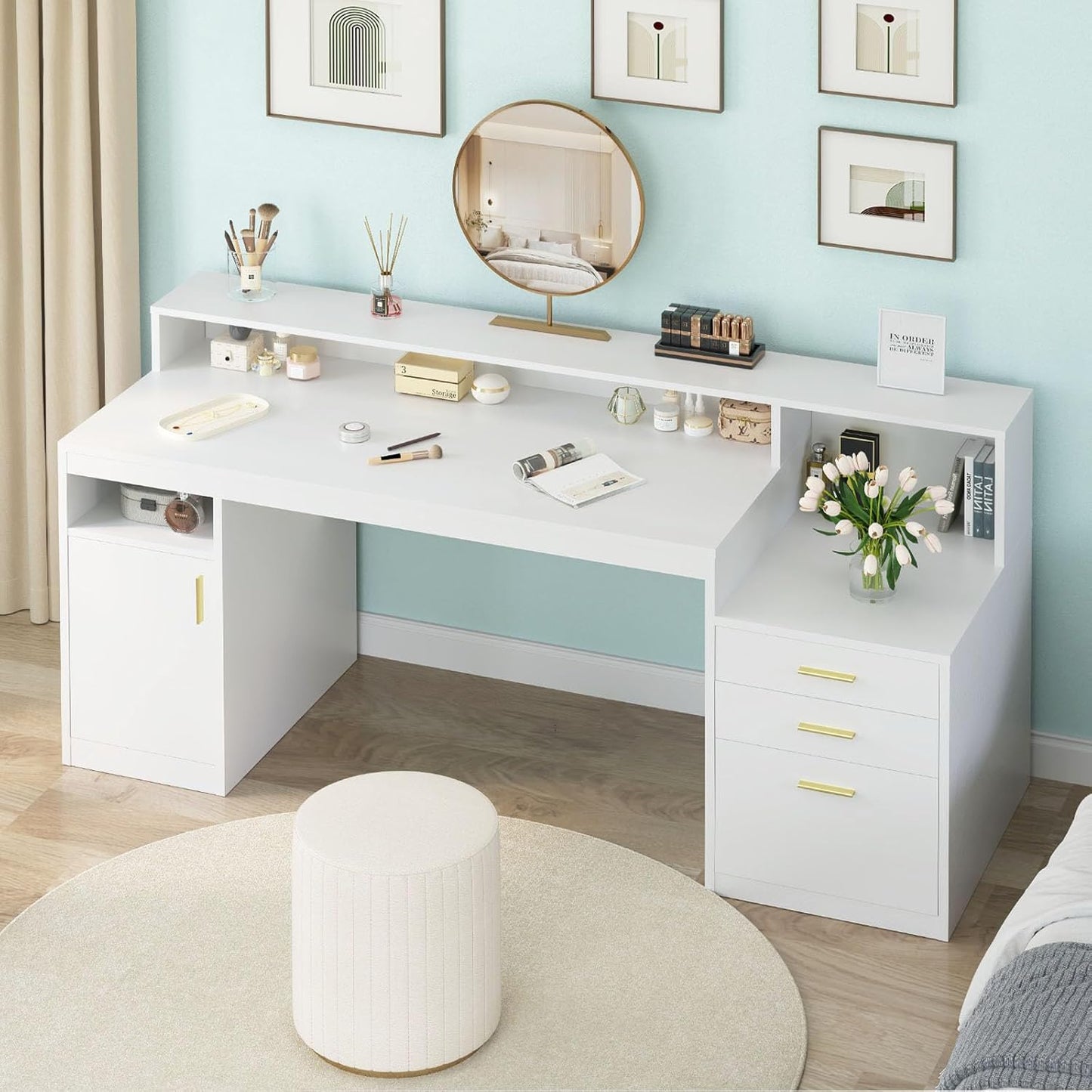 Computer Desk with 3 Drawer & Storage Shelves, Home Office Desk with File Drawer & Cabinet, Writing Study Table with Long Monitor Stand & Printer Shelf, Executive Desk