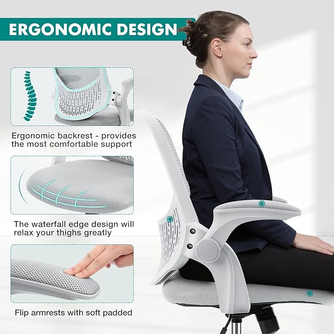 Office Chair - Desk Chair with Wheels, Ergonomic Home Office Chair with Flip-up Arms & Lumbar Support, Mesh Swivel Rolling Height Adjustable, Tilt & Lock, Computer Desk Chair, Grey