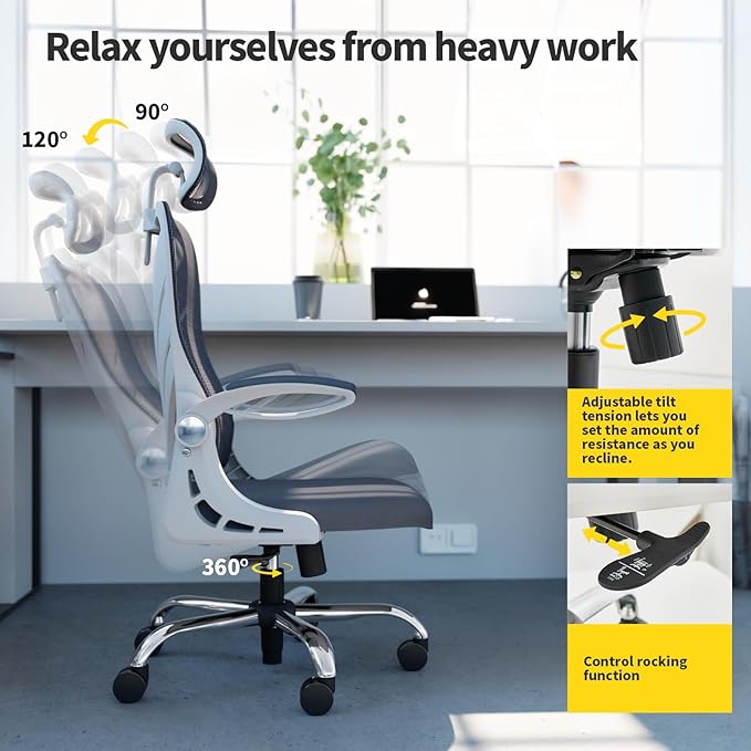Ergonomic Office Chair with Foldable Backrest, Computer Desk Chair with Flip-up Armrests, Mesh Lumbar Support and 2D Headrest Big and Tall Office Chair, White