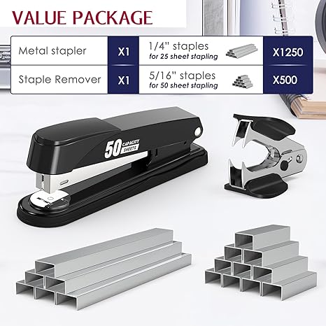 Metal Stapler Heavy Duty 50 Sheet Capacity with 1750 Staples and Staple Remover, Full Strip Staplers for Desk, No Jam, Non-Slip for Office & Classroom
