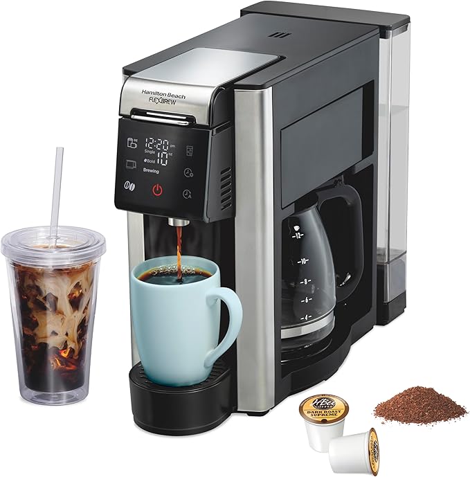 5-in-1 Programmable 12 Cup Drip and Single Serve Hot & Iced Coffee Maker with Movable 60 oz. Water Reservoir, Use Pod Packs and Grounds, Fast Brewing, Black