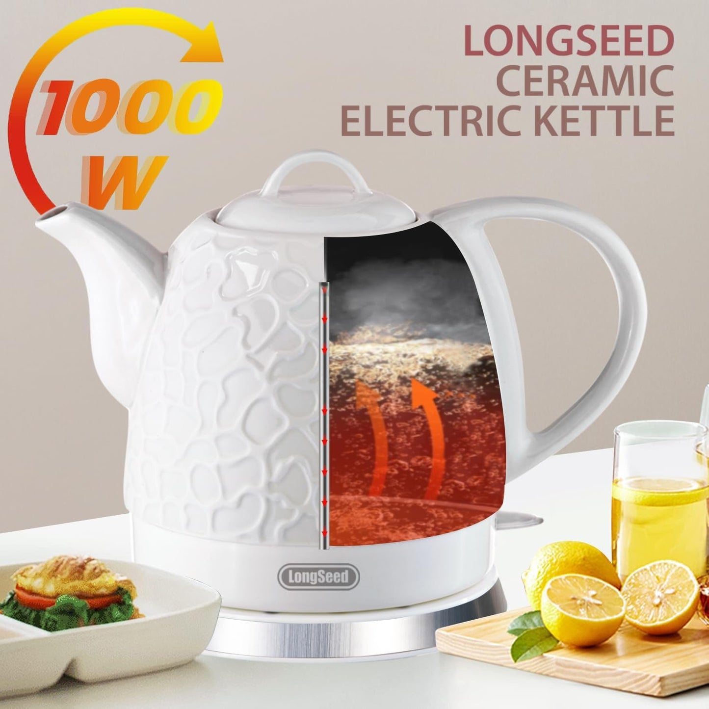 Ceramic Electric Kettle 1.0L(34oz), 1000W Fast Boiling, Automatic Shut-Off &, BPA-Free, Cordless Water Boiler, Boil Dry Protection, Pot with LED Indicator for Home Office Kitchen