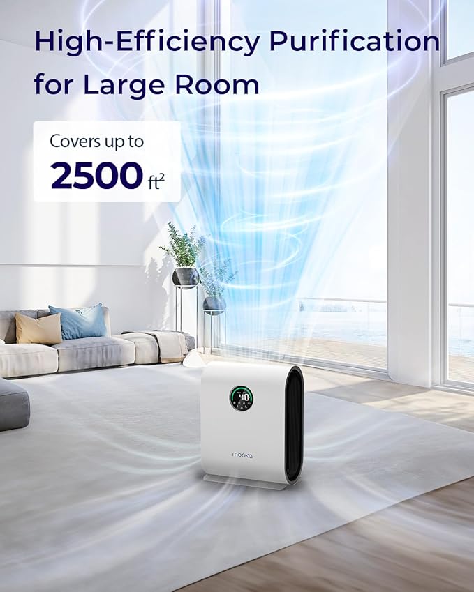 Air Purifiers for Home Large Room Up to 2500 ft² with PM 2.5 Display Air Quality Sensors, MOOKA H13 HEPA Air Purifier With Auto Mode for Pets Dust Odor Smoke, Timer, 15dB Sleep Mode for Bedroom