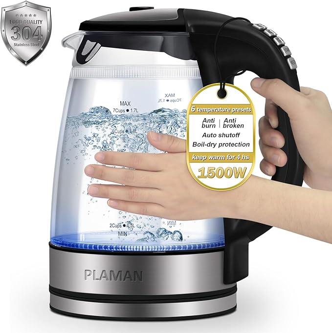 Electric Kettle Temperature Control - Keep Warm Hot Water Boiler, Double Wall Tea kettle for Boiling Water 6 Presets 1500W 4 Hours 1.7L LED Auto Shut Off Cordless