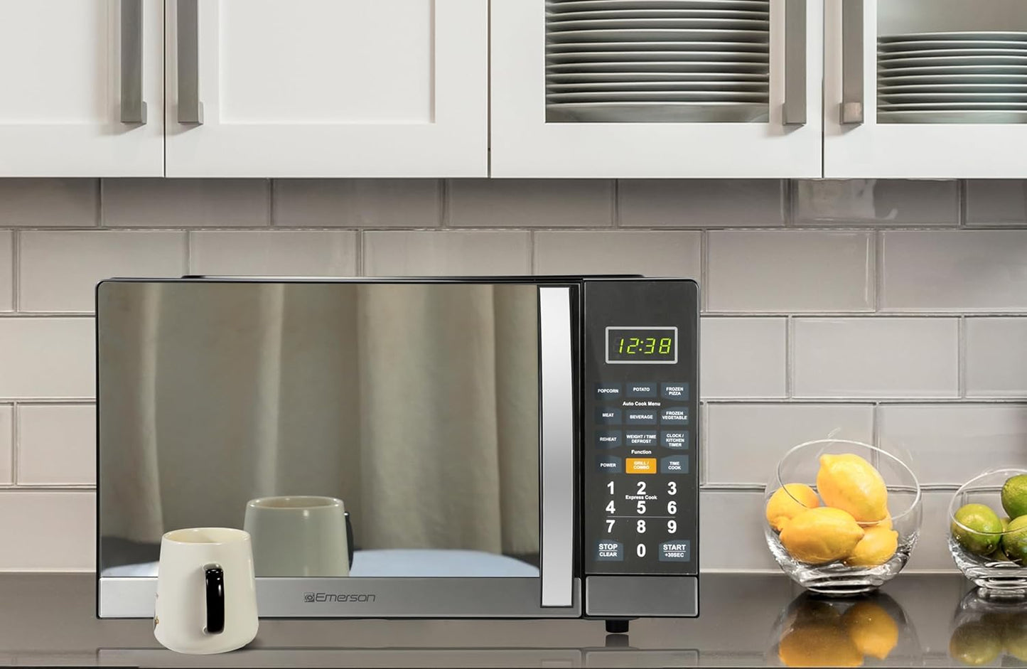 Countertop Microwave Oven with 1100W Grill Function, Sleek Mirrored Finish 10 Power Levels, 6 Auto Menus, Glass Turntable and Child Safe Lock, 1.1 Cu. Ft, Stainless Steel