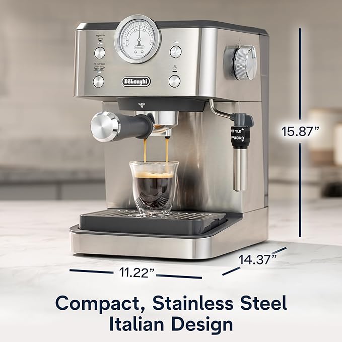 Espresso Machine with Milk Frother, 15-Bar Pump & Temperature Control - Barista Coffee Maker Kit for Espresso, Latte, Cappuccino & Iced Coffee - Italian Stainless Steel Design
