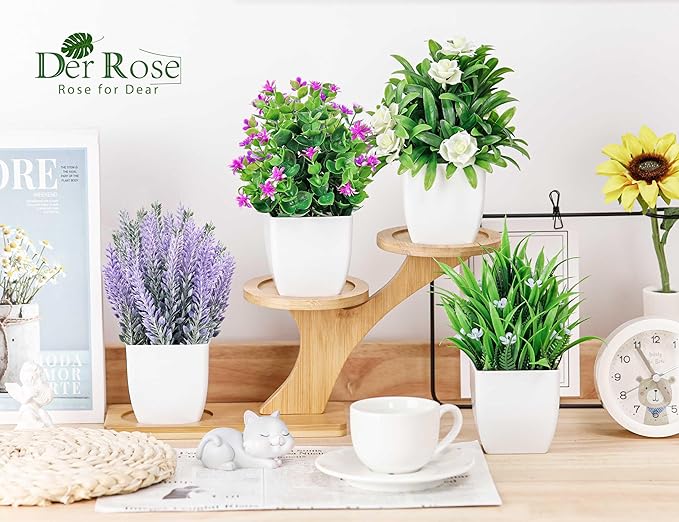 4 Pack Fake Plants Small Artificial Potted Faux Plants with Flowers for Home Bathroom Living Room Office Decor Indoor