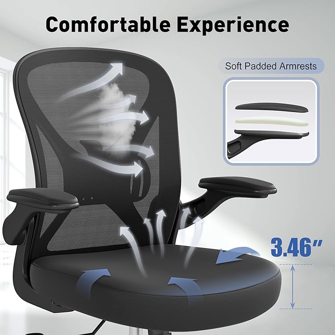 Mesh Office Chair with Adjustable Lumbar Support, Ergonomic Home Office Desk Chair with Wheels and Flip-up Arms, Black