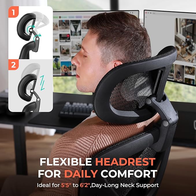 Ergonomic Mesh Office Chair, Adjustable Lumbar High Back Desk Chair 400lbs, 4D Flip-up Arms, 3-Level Tilt Backrest, 3D Headrest, PU Wheels, Swivel Rolling Computer Seating for Long Desk Work