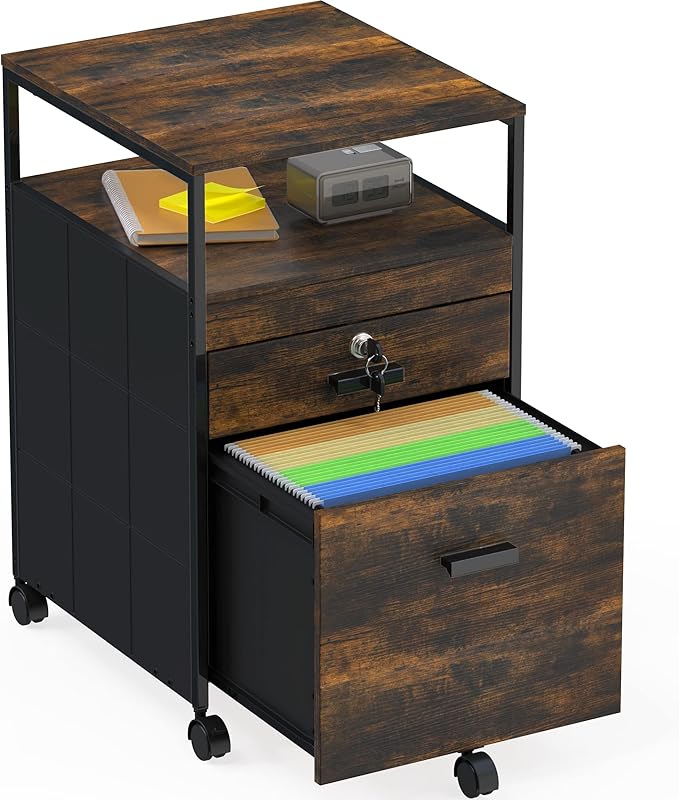 Box File Rolling Mobile Cabinet with Open Shelf and Lockable Drawer
