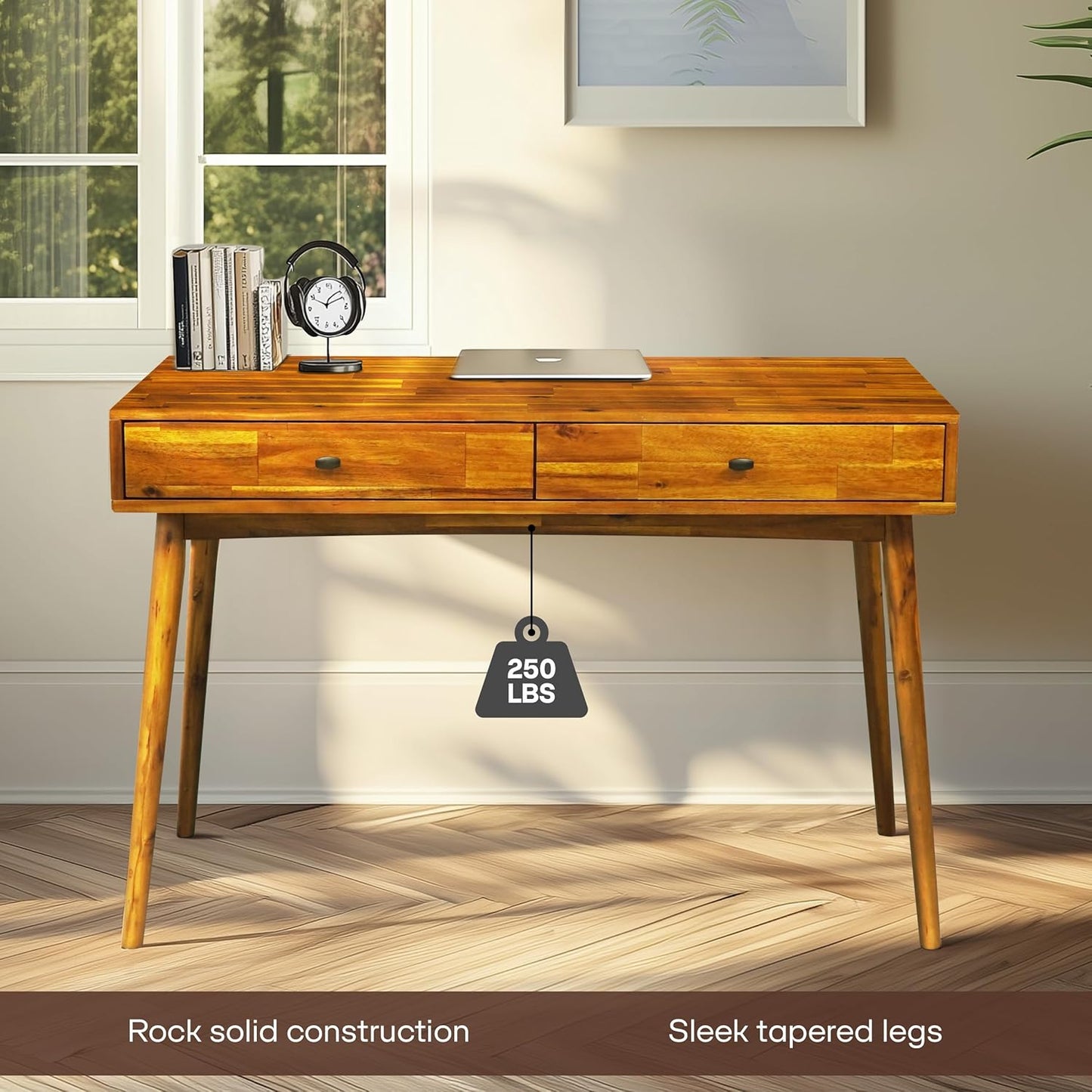 48" Solid Wood Work Desk with Drawers, Office Furniture, Scandinavian Style Work Table for Home Office