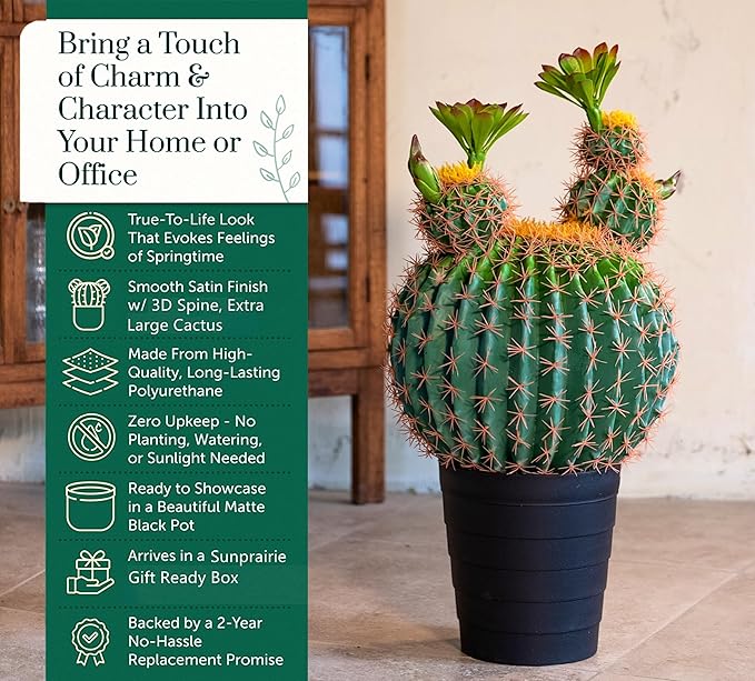 30 Inches Tall Realistic Large Faux Cactus Plant in Matte Black Pot. Gorgeous Artificial Plants for Home and Office Decoration.