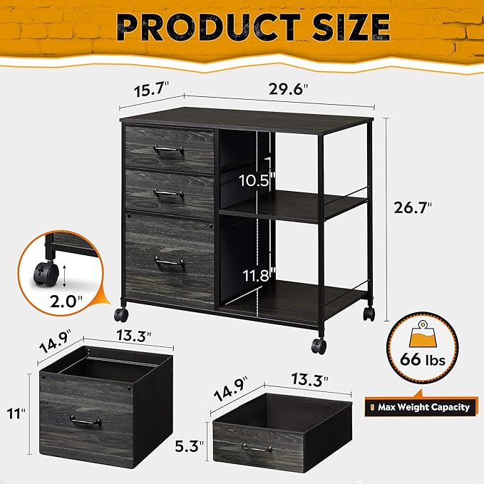 3 Drawer Mobile File Cabinet, Rolling Printer Stand with Open Storage Shelf, Fabric Lateral Filing Cabinet fits A4 or Letter Size for Home Office, Charcoal Black Wood Grain Print