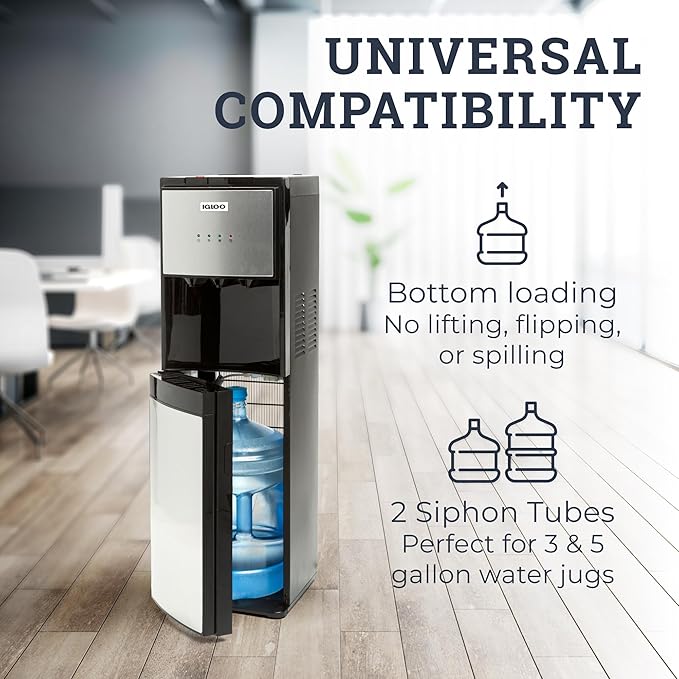 Stainless Steel Hot, Cold & Room Water Cooler Dispenser, Holds 3 & 5 Gallon Bottles, 3 Temperature Spouts, No Lift Bottom Loading, Child Safety Lock, Black/Stainless