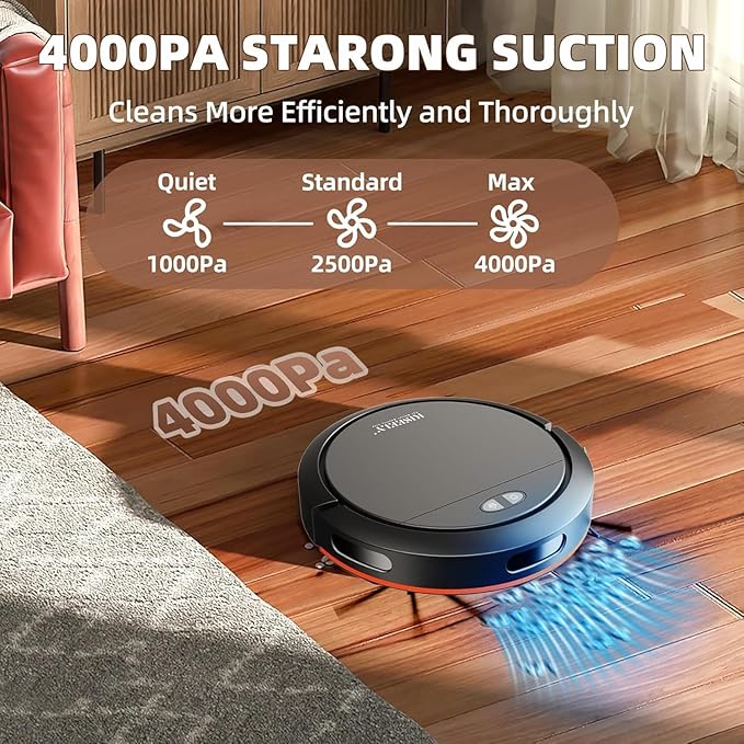 Robot Vacuum Cleaner with Mop, 4000Pa Robotic Vacuum with Self-Charging, App Control, Adjustable Suction Power Robotic Vacuum for Hard Floor, Pet Hair and Low-Piled Carpet