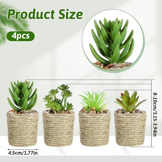 4Pcs Mini Potted, Artificial Succulent Plants with Pots, Decorative Faux Succulent Potted for Home, Bedroom, Office, Farmhouse, Desk, Living Room Decor